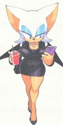 Rule 34 | 1girl, bag, black bag, black footwear, black jacket, black skirt, blue eyes, blue eyeshadow, breasts, cellphone, cleavage, container, cup, disposable cup, drink, drinking straw, eyeshadow, furry, furry female, handbag, high heels, highres, holding, holding cup, holding phone, inkerton-kun, jacket, jewelry, large breasts, lipstick, looking at phone, makeup, necklace, pearl necklace, phone, rouge the bat, simple background, skirt, smartphone, solo, sonic (series), white background, white fur, wings