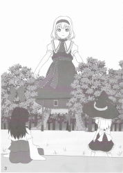 Rule 34 | 3girls, alice margatroid, boots, bow, capelet, detached sleeves, expressionless, female focus, giant, giantess, greyscale, hairband, hakurei reimu, hat, kirisame marisa, kuro oolong, monochrome, multiple girls, scan, short hair, touhou, witch hat