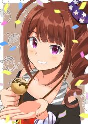 Rule 34 | 1girl, ahoge, animal, birthday, black shirt, border, clenched teeth, collarbone, commentary request, confetti, drill hair, eyelashes, fingernails, food, holding, holding food, idolmaster, idolmaster million live!, jewelry, looking at viewer, medium bangs, medium hair, necklace, octopus, off-shoulder shirt, off shoulder, otoshibumi, outside border, purple eyes, scrunchie, shirt, side drill, side ponytail, sidelocks, smile, solo, standing, star (symbol), star necklace, striped clothes, swept bangs, t-shirt, takoyaki, teeth, upper body, white border, wrist scrunchie, yokoyama nao