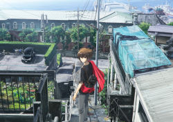 Rule 34 | 1boy, black shirt, brown eyes, brown hair, building, car, cityscape, colored inner hair, commentary request, gate, grey pants, highres, jacket, looking at viewer, looking back, moribuden, motor vehicle, motorcycle, multicolored hair, ocean, pants, red bag, red jacket, road, ship, shirt, solo, stairs, town, tree, watercraft, yu-gi-oh!, yu-gi-oh! duel monsters, yu-gi-oh! gx, yuki judai