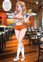 Rule 34 | 1girl, alcohol, bare shoulders, beer, blush, breasts, brown hair, bubble, cleavage, clothes writing, creatures (company), drink, employee uniform, empty eyes, female focus, food, full body, game freak, burger, hooters, indoors, kobi-tfs, large breasts, looking at viewer, midriff, mind control, navel, nintendo, no legwear, open mouth, pink eyes, pokemon, pokemon (anime), pokemon xy (anime), serena (pokemon), shirt, shoes, short shorts, shorts, sleeveless, smile, sneakers, socks, solo, standing, talking, text focus, tray, uniform, waitress, white shirt