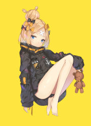 Rule 34 | 1girl, abigail williams (fate), abigail williams (traveling outfit) (fate), alternate hairstyle, bandaid, bandaid on face, bandaid on forehead, belt, black bow, black jacket, blonde hair, blue eyes, bow, fate/grand order, fate (series), feet, forehead, hair bow, hair bun, heroic spirit traveling outfit, high collar, highres, holding, holding stuffed toy, jacket, kikistark, knees up, legs, long hair, looking at viewer, official alternate costume, orange bow, parted bangs, polka dot, polka dot bow, simple background, single hair bun, sleeves past fingers, sleeves past wrists, solo, stuffed animal, stuffed toy, teddy bear, thighs, yellow background