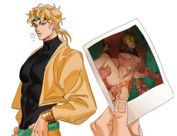 Rule 34 | 2boys, ?, absurdres, anal, ashva, blonde hair, bracelet, dark-skinned male, dark skin, dio brando, group sex, headband, highres, holding, jacket, jewelry, jojo no kimyou na bouken, long hair, long sleeves, looking at viewer, male focus, male penetrated, multiple boys, muscular, muscular male, nipples, orgy, penis, photo (object), photo comparison, red eyes, sex, solo focus, spoken question mark, stardust crusaders, white background, yaoi, yellow jacket