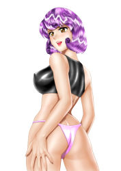 Rule 34 | 1990s (style), 1girl, agent aika, aika (series), ass, bare legs, bare shoulders, black bra, black delmo, black delmo leader, blush, bra, breasts, brown eyes, covered erect nipples, delmo, female focus, from behind, hand on own hip, looking back, medium breasts, open mouth, panties, pantyshot, purple hair, retro artstyle, shiny skin, short hair, simple background, skin tight, solo, sports bra, standing, thighs, underwear, underwear only, white background, yuusuke (ziyasu)