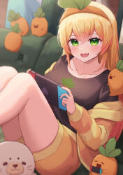 Rule 34 | 1girl, :d, black shirt, blonde hair, blush, couch, fang, green eyes, hairband, handheld game console, highres, holding, holding handheld game console, hololive, jacket, knees up, long hair, looking at viewer, loungewear, momosuzu nene, nekko (momosuzu nene), nintendo switch, official alternate costume, on couch, open clothes, open jacket, open mouth, orange hairband, orange jacket, orange shorts, shirt, short sleeves, shorts, sitting, skin fang, smile, solo focus, t-shirt, typho, virtual youtuber