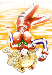 Rule 34 | 1girl, blonde hair, blush, bodysuit, bracer, breasts, breasts apart, cosplay, covered erect nipples, cross, from above, gloves, hair ornament, impossible bodysuit, impossible clothes, kamia (not found), large breasts, lcl, light smile, long hair, looking at viewer, lying, matsuoka kiyone, neon genesis evangelion, on back, orange eyes, original, partially submerged, plugsuit, plugsuit (cosplay), smile, solo, souryuu asuka langley, souryuu asuka langley (cosplay), two side up