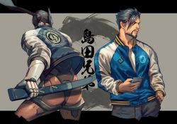 Rule 34 | 2boys, armor, back-to-back, bad id, bad pixiv id, black hair, brothers, casual, cellphone, cyborg, facial hair, genji (overwatch), goatee, hage2013, hand in pocket, hanzo (overwatch), highres, jacket, letterman jacket, male focus, multiple boys, ninjatou, overwatch, overwatch 1, phone, power armor, sae (revirth), sheath, sheathed, short sword, siblings, smartphone, sword, weapon