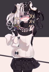 Rule 34 | 1girl, :d, absurdres, antilene heran fouche, arm behind back, asymmetrical gloves, bad id, bad pixiv id, black background, black eyes, black gloves, black hair, black pantyhose, black skirt, blush, commentary request, cowboy shot, crazy smile, dot nose, elbow gloves, flat chest, gloves, grey eyes, hair between eyes, hair ornament, half-closed eyes, hand up, head tilt, heterochromia, highres, holding, long hair, long sleeves, looking at viewer, miniskirt, multicolored hair, open mouth, overlord (maruyama), pantyhose, pleated skirt, raised eyebrows, relila, rubik&#039;s cube, simple background, single elbow glove, skirt, smile, solo, sweater, turtleneck, two-tone background, two-tone hair, two side up, uneven gloves, white background, white hair, white sweater, x hair ornament