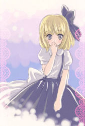 Rule 34 | 1girl, alice margatroid, alice margatroid (pc-98), blonde hair, blue eyes, bow, covering face, covering own mouth, covering privates, female focus, hair bow, hanaki misa, misahana, mystic square, short hair, solo, suspenders, touhou, touhou (pc-98)