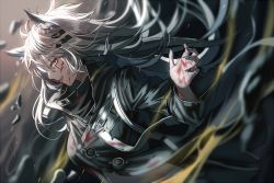 Rule 34 | 1girl, animal ear fluff, animal ears, arknights, black jacket, black nails, blood, blood on face, blood on hands, commentary, from side, grey eyes, hair ornament, hairclip, high collar, jacket, lappland (arknights), long hair, long sleeves, looking at viewer, nail polish, profile, scar, scar across eye, scar on face, silence girl, silver hair, smile, solo, tongue, tongue out, upper body, wolf ears