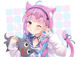 Rule 34 | 1girl, ahoge, anchor symbol, animal ear fluff, animal ears, blue hair, blunt bangs, blush, bow, bowtie, braid, cat ears, cat girl, cat tail, collar, collarbone, eyewear on head, frilled collar, frills, glasses, hairband, hands up, haniwa (leaf garden), heart, heart-shaped eyewear, highres, holding, holding stuffed toy, hololive, long hair, long sleeves, looking at viewer, minato aqua, minato aqua (sailor), multicolored hair, one eye closed, purple eyes, sailor collar, sidelocks, smile, solo, stuffed animal, stuffed toy, tail, tail bow, tail ornament, teeth, twin braids, upper body, v, virtual youtuber