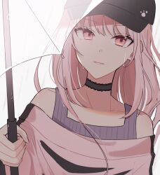 Rule 34 | 1other, akiyama mizuki, androgynous, baseball cap, black choker, black hat, choker, commentary, hair down, hat, highres, holding, holding umbrella, looking at viewer, official alternate costume, official alternate hair length, official alternate hairstyle, parted lips, paw print, pink eyes, pink hair, project sekai, rain, solo, suiu, transparent, transparent umbrella, umbrella, upper body, white background