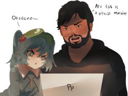 Rule 34 | + +, 1boy, 1girl, :o, beard, black eyes, black hair, black hoodie, blue eyes, blue hair, blue shirt, collared shirt, commentary, computer, crossover, english commentary, english text, facial hair, flat cap, green headwear, hair between eyes, hair bobbles, hair ornament, hat, highres, hood, hood down, hoodie, kawashiro nitori, key, laptop, leaning forward, medium hair, mustache, mutahar anas, naufaldreamer, real life, shirt, short hair, short twintails, sidelocks, simple background, someordinarygamers, touhou, twintails, two side up, upper body, v-shaped eyebrows, white background, wing collar