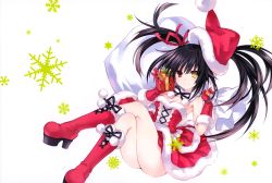 Rule 34 | 1girl, absurdres, adapted costume, ass, asymmetrical hair, bag, bare shoulders, black hair, boots, breasts, carrying over shoulder, christmas stocking, cleavage, clock eyes, cross-laced footwear, crossed legs, date a live, dress, full body, fur trim, gift, gloves, hat, heterochromia, high heel boots, high heels, highres, holding, holding bag, holding gift, knee boots, lace-up boots, long hair, looking at viewer, medium breasts, official art, platform boots, platform footwear, red dress, red eyes, red footwear, red gloves, santa costume, santa hat, smile, snowflake background, solo, symbol-shaped pupils, tokisaki kurumi, tsunako, twintails, yellow eyes