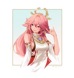 Rule 34 | 1girl, animal ears, bare shoulders, commentary, detached sleeves, fox ears, genshin impact, hand up, head tilt, highres, lilpalette, long hair, long sleeves, parted lips, pink hair, purple eyes, shirt, solo, upper body, very long hair, white shirt, yae miko