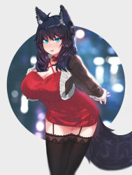 Rule 34 | 1girl, animal ears, arms behind back, black hair, black thighhighs, blue eyes, blush, breasts, brown jacket, cleavage, collar, cowboy shot, cropped jacket, dress, ehrrr, fur trim, garter straps, highres, jacket, lace, lace-trimmed legwear, lace trim, large breasts, leaning forward, nail polish, nose blush, open clothes, open jacket, original, own hands clasped, own hands together, red dress, ribbed dress, short dress, solo, tail, thighhighs, tongue, tongue out, wolf ears, wolf girl, wolf tail