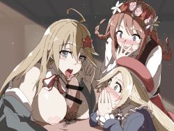 Rule 34 | 1boy, 3girls, bar censor, beret, blonde hair, blue eyes, blush, braid, breast rest, breasts, breasts out, brown hair, censored, choker, covering own mouth, fellatio, foreskin, goryoukaku (oshiro project), hair ornament, tucking hair, hand to own mouth, hat, hayashi ekyuu, head wreath, large breasts, long hair, multiple girls, nipples, nose blush, off shoulder, oral, oshiro project:re, out of frame, penis, pov, shiryoukaku (oshiro project), spis (oshiro project), star (symbol), star hair ornament, surprised, tongue, tongue out, transparent censoring, twin braids