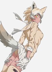 Rule 34 | 1girl, animal ear fluff, animal ears, arched back, ass, blonde hair, clothes lift, commentary, cowboy shot, dark-skinned female, dark skin, extra ears, gloves, gradient hair, grey background, hands on own thighs, highres, jacket, kemono friends, long sleeves, looking at viewer, multicolored hair, panties, pantyshot, scarf, short hair, simple background, skirt, skirt lift, solo, tail, tail under clothes, tanabe (fueisei), thighhighs, tundra wolf (kemono friends), underwear, white gloves, white hair, white skirt, wolf ears, wolf girl, wolf tail, yellow eyes, yellow jacket, yellow panties, yellow thighhighs