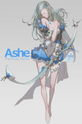 Rule 34 | 1girl, alternate costume, ashe (league of legends), bow (weapon), braid, character name, eddy huang zheng, fishnet thighhighs, fishnets, frilled thighhighs, frills, garter straps, hair ornament, head tilt, highres, league of legends, long hair, side braid, silver hair, single sleeve, solo, spaghetti strap, thighhighs, weapon