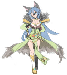Rule 34 | 1girl, animal ear fluff, animal ears, blue eyes, blue hair, boots, breasts, cat ears, cleavage, closed mouth, commentary request, dress, elemental master (ragnarok online), eye mask, full body, fur collar, fur dress, goinkyo, green dress, hands on own hips, long hair, looking at viewer, off-shoulder dress, off shoulder, ofly (ofly252), one eye closed, pelvic curtain, ragnarok online, simple background, smile, solo, standing, very long hair, white background, white footwear