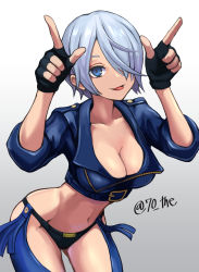 Rule 34 | 1girl, angel (kof), bra, breasts, chaps, cleavage, collarbone, cropped jacket, horns pose, fingerless gloves, gloves, gradient background, hair over eyes, hair over one eye, highres, jacket, large breasts, leather, leather jacket, looking at viewer, midriff, navel, simple background, snk, solo, strapless, strapless bra, sunao (70 the), the king of fighters, the king of fighters xiv, the king of fighters xv, toned, underwear, white hair