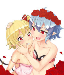 Rule 34 | 2girls, alternate costume, angry, atg (wttoo0202), bad id, bad pixiv id, blonde hair, blush, breasts, clenched teeth, commentary request, drooling, fang, fang out, flandre scarlet, flat chest, hair between eyes, hand on another&#039;s face, light purple hair, looking at another, multiple girls, off shoulder, pointy ears, red eyes, remilia scarlet, short hair, siblings, side ponytail, sisters, small breasts, teeth, touhou, underwear, underwear only