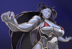 Rule 34 | 1girl, asymmetrical bangs, aura, bikini, bikini top only, black hair, breasts, capcom, commentary request, covered erect nipples, fang, female seth (street fighter), grin, hair rings, halo, highres, huge breasts, lips, long hair, looking at viewer, metal skin, micro bikini, micro bikini top, mokottsu, muscular, muscular female, orb, outstretched arms, purple background, red bikini, seth (street fighter), skindentation, smile, solo, strap gap, street fighter, street fighter v, swimsuit, underboob, upper body, very long hair, wide hips, yellow eyes, yin yang, yin yang orb
