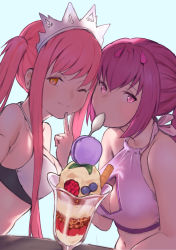 Rule 34 | 2girls, absurdres, alternate costume, bad id, bad pixiv id, bikini, breasts, cleavage cutout, clothing cutout, dessert, fate/grand order, fate (series), food, fruit, hair between eyes, headpiece, highres, ice cream, large breasts, looking at viewer, medb (fate), medb (swimsuit saber) (fate), medb (swimsuit saber) (second ascension) (fate), multiple girls, parfait, pink hair, red eyes, s.w, scathach (fate), scathach skadi (fate), simple background, spoon, swimsuit, table, tiara, twintails, utensil in mouth, whipped cream, white bikini