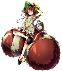 Rule 34 | 1girl, ;3, adjusting clothes, adjusting headwear, animal ears, arm up, armpits, baba (baba seimaijo), bare shoulders, bell, blush, bracelet, brown skirt, chemise, collarbone, detached sleeves, flat chest, full body, futatsuiwa mamizou, glasses, gourd, green hat, hat, hat ribbon, highres, holding, holding smoking pipe, jewelry, jingle bell, kiseru, leaf, leaf on head, looking at viewer, one eye closed, raccoon ears, raccoon tail, ribbon, sandals, semi-rimless eyewear, short hair, short sleeves, skirt, smile, smoking pipe, solo, tail, touhou, transparent background, under-rim eyewear, white-framed eyewear, white background, yellow ribbon