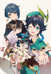 Rule 34 | 2boys, ;d, absurdres, arm behind back, asymmetrical bangs, beret, blue hair, blue shorts, blush, bouquet, braid, brown corset, cape, cecilia flower (genshin impact), chinese clothes, closed mouth, collared cape, commentary request, corset, dark blue hair, earrings, flower, fridaynightcat, frilled sleeves, frills, genshin impact, gradient hair, green cape, green eyes, green headwear, green shorts, hat, hat flower, highres, holding, holding bouquet, jewelry, juliet sleeves, long sleeves, looking at viewer, multicolored hair, multiple boys, one eye closed, open mouth, outstretched arm, puffy sleeves, ribbon, shirt, shorts, sidelocks, silk flower (genshin impact), single earring, smile, standing, striped ribbon, tassel, tassel earrings, twin braids, venti (genshin impact), vision (genshin impact), white shirt, wide sleeves, xingqiu (genshin impact), yellow eyes