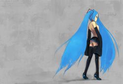 Rule 34 | ass, blue eyes, blue hair, boots, detached sleeves, hatsune miku, long hair, panties, skirt, sleeves past wrists, solo, thigh boots, thighhighs, topless, twintails, underwear, very long hair, vocaloid, yasushi, zettai ryouiki