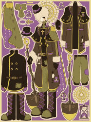 Rule 34 | 1boy, alternate costume, andrew kreiss, belt, black eyes, black gloves, black hat, boots, border, brown coat, buttons, cape, character name, coat, cross, cross-laced footwear, cross necklace, cross scar, double-breasted, epaulettes, facial scar, floral print, flower, full body, fur-trimmed sleeves, fur trim, gloves, green cape, green neckerchief, green pants, hair over one eye, halo, hat, hat flower, hat ribbon, highres, holding, holding shovel, hourglass, identity v, iris (flower), jewelry, lace-up boots, long sleeves, male focus, mini hat, mini top hat, neckerchief, necklace, outline, outside border, pants, plant, purple background, purple flower, ribbon, scar, scar on cheek, scar on face, short hair, shovel, sideways glance, simple background, single epaulette, solo, standing, stitches, stuffing, top hat, vines, white outline, whybe123, yellow border