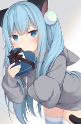 Rule 34 | 1girl, amashiro natsuki, animal ears, bad id, bad pixiv id, black ribbon, blue eyes, blue hair, blush, box, cat ears, cat girl, cat tail, closed mouth, commentary request, cowboy shot, drawstring, gradient background, grey hoodie, hair bobbles, hair ornament, heart-shaped box, highres, holding, holding box, hood, hood down, hoodie, leaning forward, long hair, long sleeves, looking at viewer, original, ribbon, sidelocks, sleeves past fingers, sleeves past wrists, solo, standing, striped clothes, striped thighhighs, tail, thighhighs, two side up, valentine, white background, white thighhighs