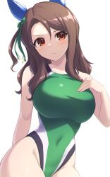 Rule 34 | 1girl, animal ears, breasts, brown hair, competition swimsuit, cowboy shot, ear covers, green one-piece swimsuit, highres, horse ears, horse girl, king halo (umamusume), large breasts, one-piece swimsuit, pataneet, red eyes, simple background, solo, swimsuit, umamusume, white background