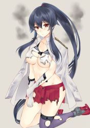 Rule 34 | 1girl, black hair, blush, breasts, collarbone, collared jacket, epaulettes, gloves, gradient background, grey background, hair between eyes, hand on own arm, holding own arm, ichinomiya (blantte), jacket, kantai collection, kneeling, large breasts, long hair, looking at viewer, military, military uniform, navel, pleated skirt, ponytail, purple thighhighs, red eyes, red skirt, rudder footwear, single thighhigh, skirt, smoke, solo, thighhighs, torn clothes, uniform, very long hair, white gloves, white jacket, yahagi (kancolle)