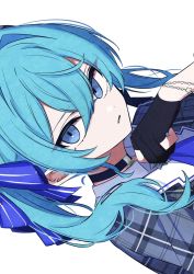 Rule 34 | 1girl, black gloves, blue eyes, blue hair, bracelet, exif rotation, gloves, hair between eyes, hair ribbon, highres, hololive, hoshimachi suisei, hoshimachi suisei (1st costume), jewelry, long hair, looking at viewer, nanashnojo, open mouth, partially fingerless gloves, plaid, ribbon, simple background, solo, star (symbol), upper body, virtual youtuber, white background
