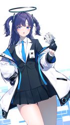 Rule 34 | absurdres, black gloves, black jacket, black skirt, blue archive, blue eyes, blue necktie, blush, collared shirt, cowboy shot, dress, gloves, half gloves, halo, hand on own hip, highres, holding, holding paper, id card, jacket, long hair, long sleeves, looking at viewer, necktie, nishinomiya suzu, open clothes, open jacket, open mouth, paper, parted bangs, pleated skirt, purple hair, shirt, skirt, solo, two side up, white jacket, white shirt, yuuka (blue archive)