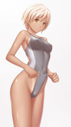 Rule 34 | 1girl, blonde hair, breasts, competition swimsuit, dark-skinned female, dark skin, grey one-piece swimsuit, highres, kuri (kurigohan), looking at viewer, medium breasts, one-piece swimsuit, pulling own clothes, solo, swimsuit, tan, tanline, yellow eyes