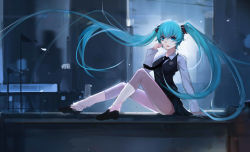Rule 34 | 1girl, aqua eyes, aqua hair, arm support, hatsune miku, highres, long hair, looking at viewer, necktie, nero (nilu), night, sitting, skirt, socks, solo, sweater vest, twintails, very long hair, vocaloid