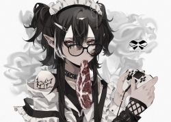 Rule 34 | 1boy, absurdres, artist name, bishounen, black hair, blush, choker, fangs, food in mouth, glasses, half updo, highres, long sleeves, looking at viewer, maid, maid headdress, male focus, multicolored hair, original, playstation controller, pointy ears, raw meat, red eyes, ribbon akai, short hair with long locks, solo, tattoo, trap, twintails, white hair