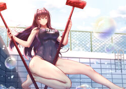 Rule 34 | 1girl, absurdres, alternate costume, blue sky, breasts, broom, brown hair, bubble, cloud, cloudy sky, competition swimsuit, fate (series), feet, gradient hair, highres, large breasts, megatron (pixiv16907671), multicolored hair, one-piece swimsuit, pool, purple hair, red eyes, scathach (fate), sky, smile, soap bubbles, squatting, sunlight, swimsuit