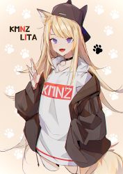 Rule 34 | :d, abae, animal ears, animal hat, bad id, bad pixiv id, baseball cap, black jacket, blonde hair, blue eyes, character name, dog ears, dog tail, fang, hand in pocket, hat, hood, hood down, hoodie, jacket, kmnz, long hair, mc lita, open clothes, open jacket, open mouth, oversized clothes, paw print, paw print background, simple background, smile, solo, tail, virtual youtuber