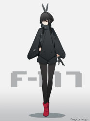 Rule 34 | 1girl, absurdres, aircraft, airplane, animal ears, attack aircraft, black gloves, black hair, blunt bangs, boots, character name, cloak, closed eyes, commentary request, f-117 nighthawk, fami (yellow skies), full body, gloves, gradient background, hand in pocket, high collar, highres, long sleeves, mecha musume, military, military vehicle, original, pantyhose, personification, rabbit ears, red footwear, shorts, solo, standing, stealth, stealth aircraft, stealth attack aircraft, twitter username, united states air force