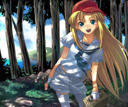 Rule 34 | 1girl, bad id, bad pixiv id, baseball cap, blonde hair, blue eyes, blue sky, blush, cloud, cloudy sky, collarbone, female focus, fingerless gloves, forest, gloves, grass, hat, hirokiku, holding, long hair, looking at viewer, mountain, nature, neckerchief, open mouth, original, outdoors, sailor collar, shirt, short sleeves, shorts, sky, smile, solo, thighhighs, tree, very long hair, water, white gloves, white shirt, wind