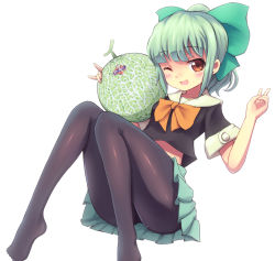 Rule 34 | 10s, 1girl, ;d, black pantyhose, bow, brown eyes, cantaloupe, food, fruit, green hair, hair bow, highres, kantai collection, melon, midriff, no shoes, one eye closed, open mouth, pantyhose, personification, ponytail, ruku rx, school uniform, serafuku, short hair, sitting, skirt, smile, solo, wink, yuubari (kancolle)
