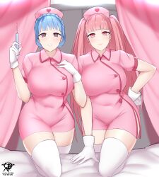 Rule 34 | 2girls, absurdres, artist logo, artist name, blue hair, blunt bangs, braid, breasts, buttons, closed mouth, collared dress, covered navel, crown braid, curtains, curvy, dress, female focus, fire emblem, fire emblem: three houses, gloves, grey eyes, groin, hand on own chest, hand on own hip, hands up, hat, heart, heart print, highres, hilda valentine goneril, holding, holding syringe, kaos art, large breasts, leg up, lips, long hair, looking at viewer, marianne von edmund, matching hair/eyes, multiple girls, navel, nintendo, nurse, nurse cap, pink dress, pink eyes, pink hair, short dress, short hair, short sleeves, skindentation, smile, standing, standing on one leg, straight-on, syringe, teeth, thick thighs, thighhighs, thighs, tight clothes, twintails, very long hair, white gloves, white thighhighs, zettai ryouiki