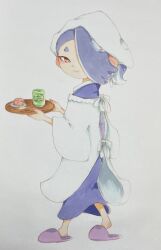 Rule 34 | 1girl, blue hair, closed mouth, commentary request, cup, food, full body, hair over one eye, highres, holding, holding plate, looking at viewer, medium hair, mmmauko, nintendo, octoling, plate, purple footwear, red eyes, shiver (splatoon), simple background, slippers, smile, solo, splatoon (series), splatoon 3, tentacle hair, thick eyebrows, walking, white background