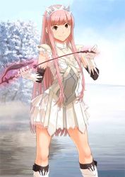 Rule 34 | 1girl, armor, blunt bangs, brown eyes, diadem, fate/grand order, fate (series), frilled skirt, frills, gloves, holding, holding riding crop, lake, medb (fate), official art, outdoors, pauldrons, pink hair, riding crop, shoulder armor, skirt, smile, solo, takayama kisai, tree, white gloves, white skirt
