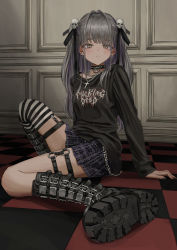 Rule 34 | 1girl, absurdres, belt boots, black footwear, black shirt, blunt bangs, blush, boots, chain, chain necklace, choker, commentary, cross, cross necklace, earrings, english commentary, fashion, full body, gishiki (gshk), goth fashion, hair ornament, half-closed eyes, highres, jewelry, knee boots, long sleeves, looking at viewer, multicolored hair, necklace, o-ring, o-ring choker, original, plaid, plaid skirt, purple hair, shirt, shoe soles, single thighhigh, skirt, skull hair ornament, solo, streaked hair, striped clothes, striped thighhighs, thigh strap, thighhighs, twintails, two-tone hair, watermark, yellow eyes
