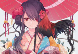 Rule 34 | 1girl, animal, animal on shoulder, bell, bird, black hair, braid, chicken, chinese zodiac, closed mouth, commentary request, flower, hair between eyes, hair bun, hair flower, hair ornament, half-closed eyes, holding, holding umbrella, japanese clothes, jingle bell, kimono, kuroi (liar-player), long hair, looking at viewer, new year, oil-paper umbrella, original, red eyes, red flower, rooster, single hair bun, smile, solo, swept bangs, umbrella, upper body, year of the rooster, yellow kimono